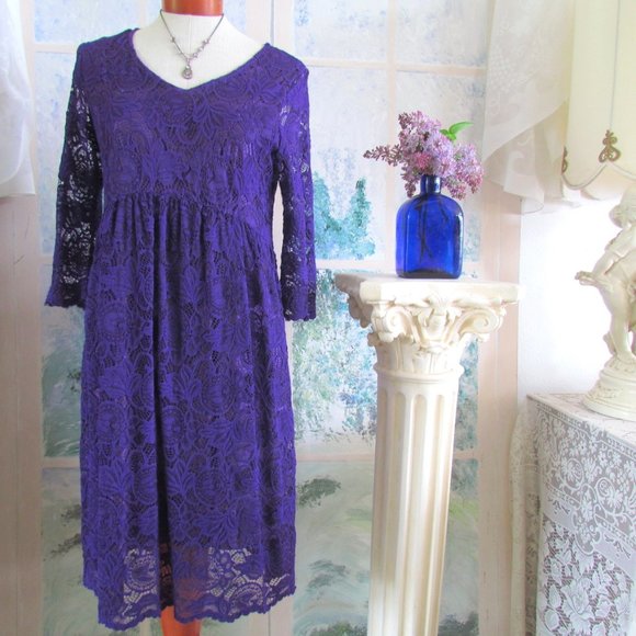PURPLE LACE DRESS, EMPIRE WAIST, M, LINED w 3/4 SLEEVES, DRESSY PARTY, CHURCH - Picture 2 of 7